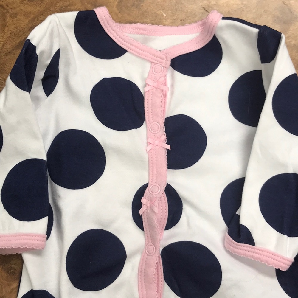 Carters Pink, White, Navy Polka Dot Footed Onesie.